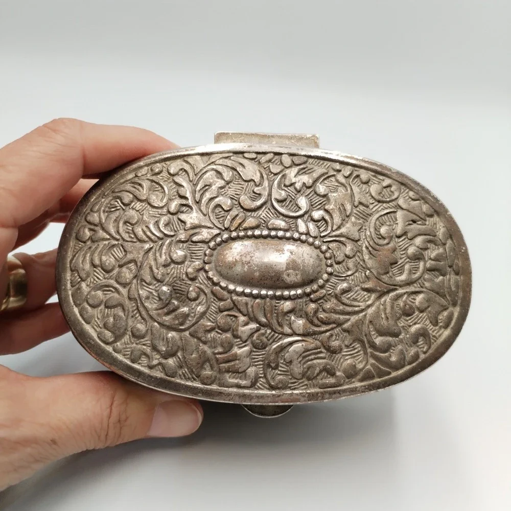 Vintage Silver Plated Oval Trinket Box Hinged Floral Scrollwork Red Lined